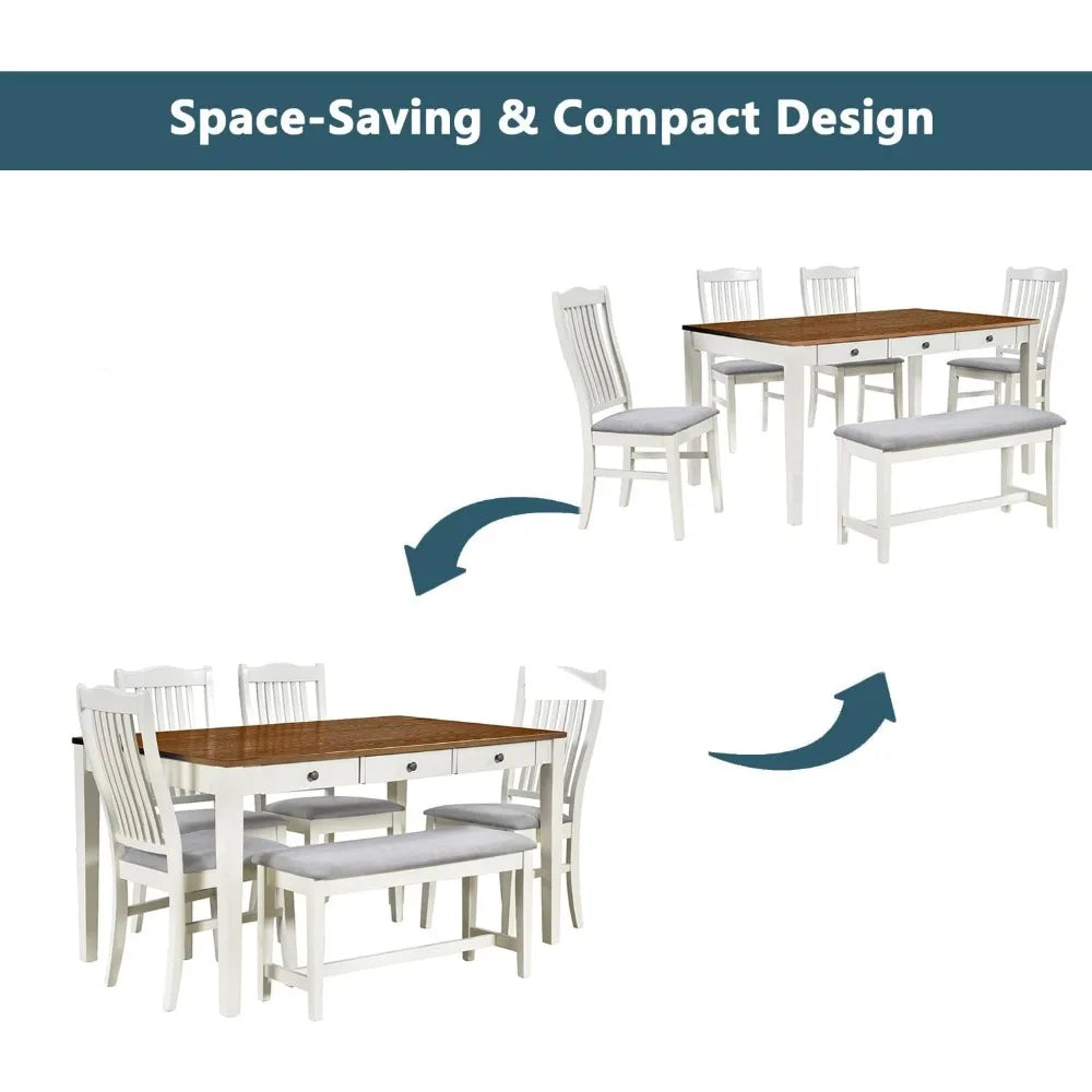6 Piece Solid Wood Dining Table Set with 4 Upholstered Chairs Bench and Storage Drawers Butter Milk - Happy Home Retreat