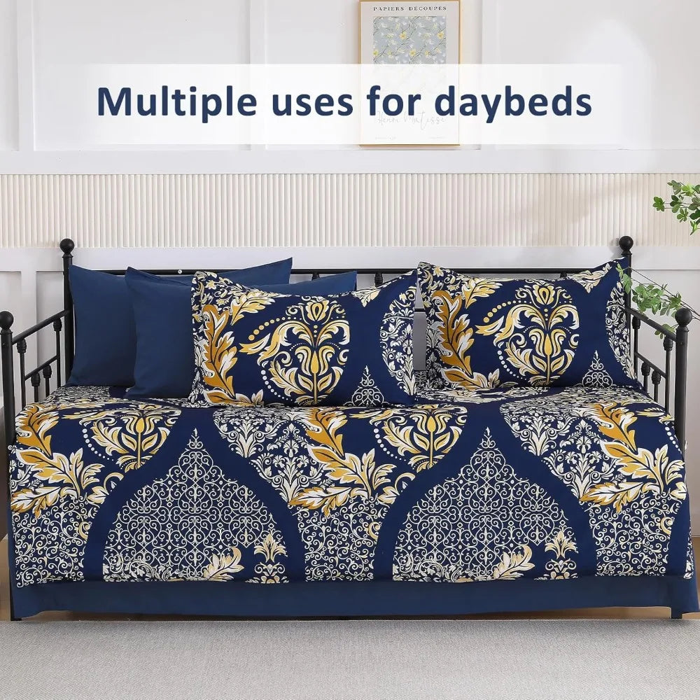 California King Comforter Set 7 Pieces Navy Blue Gold Bohemian Damask Microfiber - Happy Home Retreat