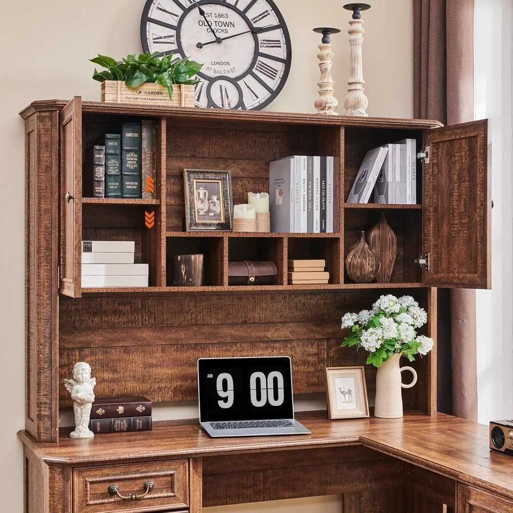 59 Inch L Shaped Executive Desk with Hutch Farmhouse Wood Computer Desk Featuring Charging Station File Drawer Storage Cabinet - Happy Home Retreat