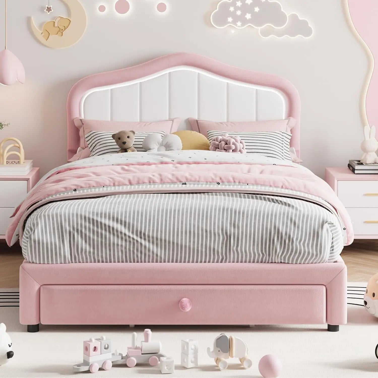 Kids Upholstered Platform Bed Frame With LED Crown Headboard Velvet Fabric - Happy Home Retreat