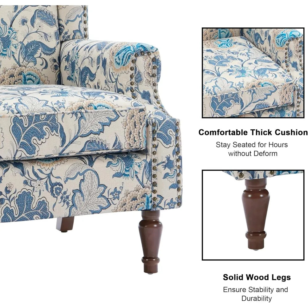 Floral Boho Wingback Blue Accent Chair With Nailhead Trim - Happy Home Retreat