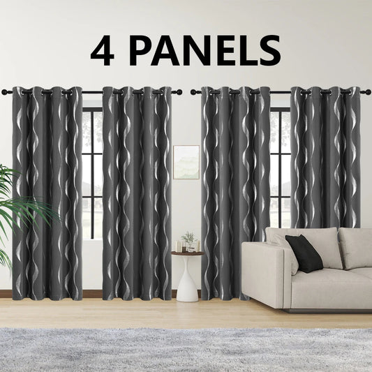 4 Pcs Blackout Curtains Grommet Thermal Insulated Room Darkening Wave Foil Printed For Bedroom - Happy Home Retreat
