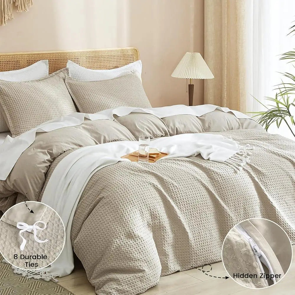 Ultra Soft Breathable Waffle Weave Duvet Cover Set Queen 3 Piece Comforter Cover All Season Durable Machine Washable - Happy Home Retreat