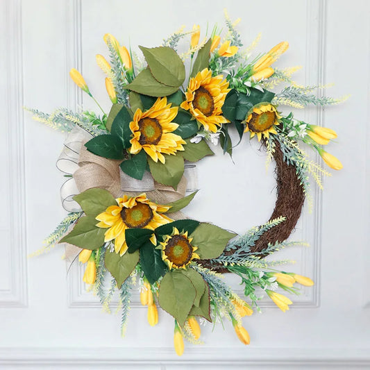22 Inch Artificial Sunflower Wreath for Front Door Summer Decor with Burlap Bow and Leaves - Happy Home Retreat