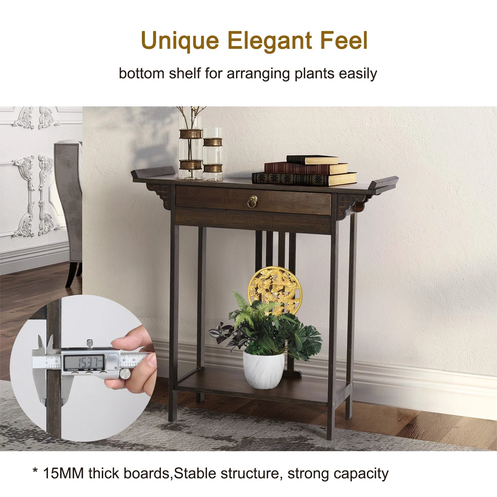 Rustic Brown Bamboo Console Table With Drawer And Shelf For Entryway Hallway - Happy Home Retreat