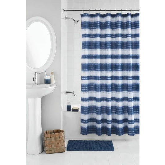 17 Piece Indigo Shibori Stripe Polyester Ceramic Shower Curtain and Bathroom Accessory Set Blue Print - Happy Home Retreat