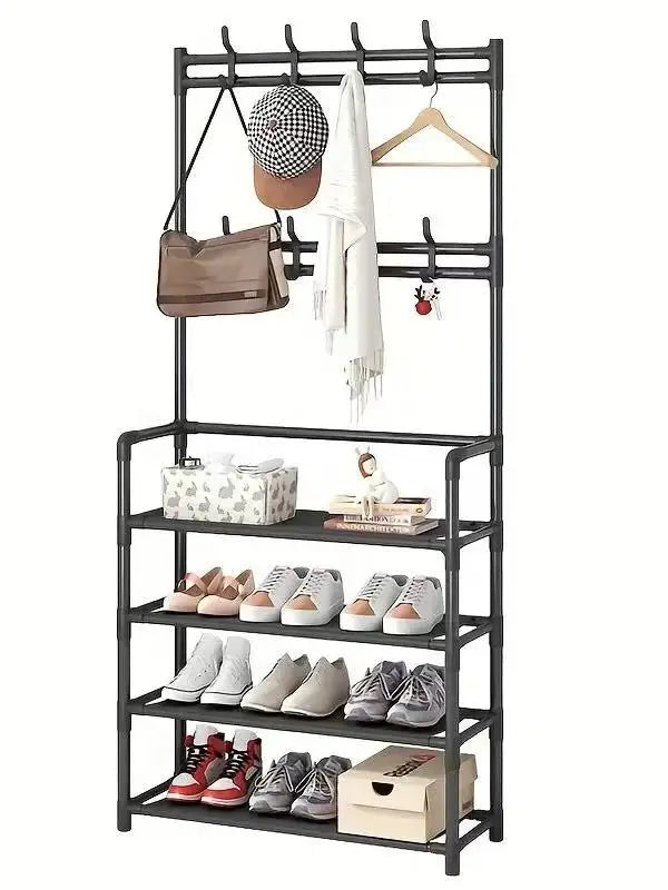 Double Row Iron Clothes Hanger and Shoe Rack for Hallway Storage of Shoes Jackets Hats Bags and Umbrellas - Happy Home Retreat