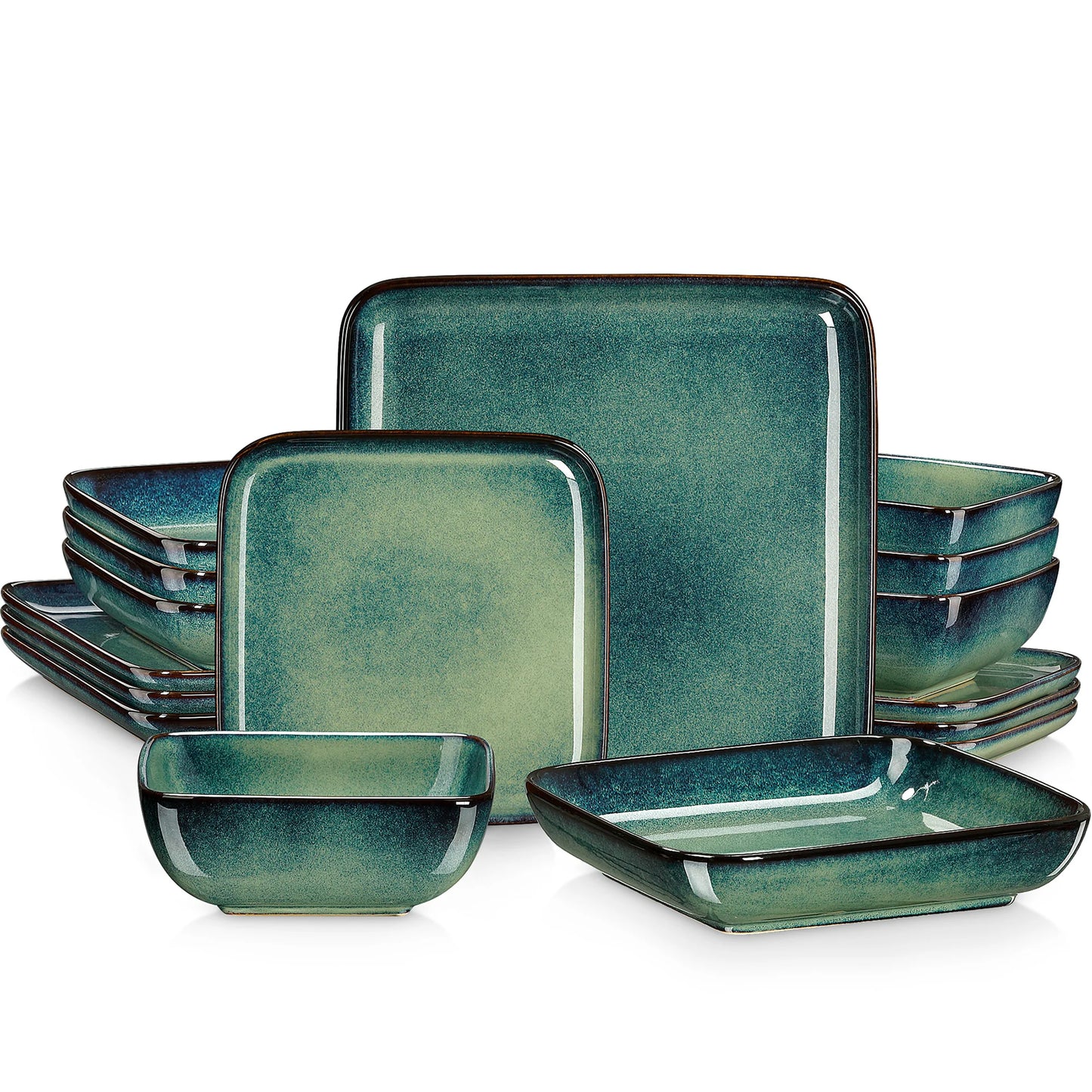 Vancasso Stern Dinner Set Green Square Kiln Change Glaze Tableware 16 Piece Kitchen Dinnerware Ceramic Crockery Set for Four Persons - Happy Home Retreat