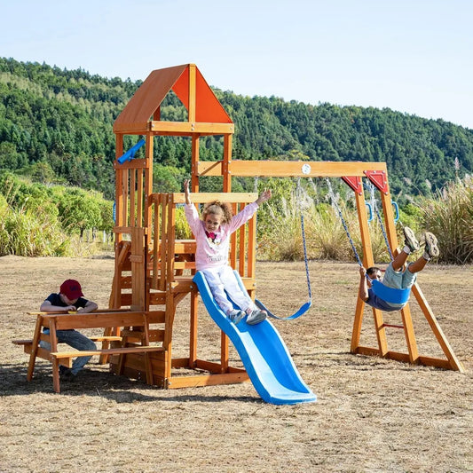 Dolphin Playground Cedar Wooden Swing Set Outdoor Playset with Wave Slide Climbing Wall and 2 Belt Swings - Happy Home Retreat