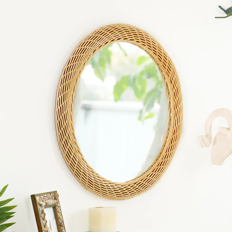 Nordic Rattan Wall Mirror Handwoven Boho Vanity Decor Rustic Living Room - Happy Home Retreat