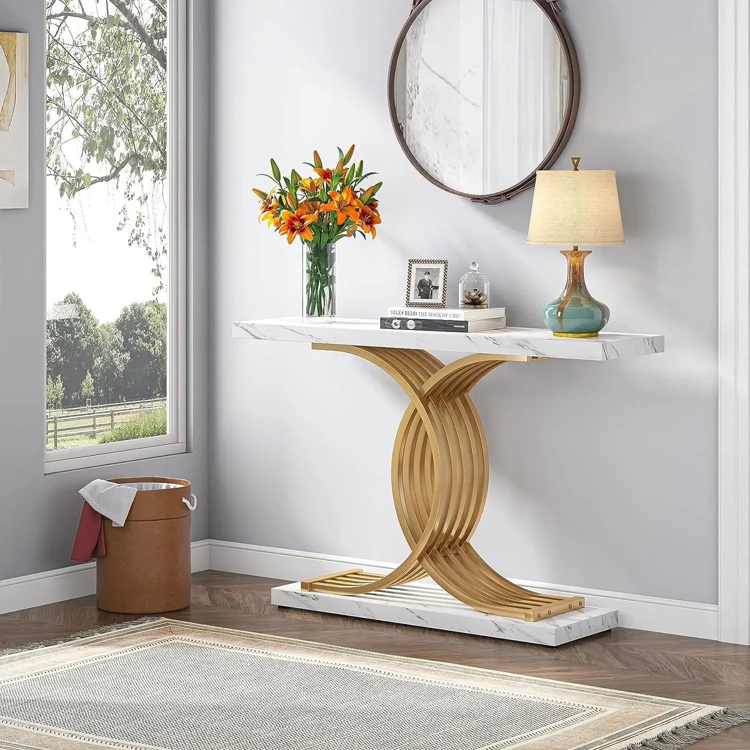 Tribesigns Gold Entryway Table Modern 39 Inch Console Faux Marble Narrow Wood Sofa with Geometric Metal Legs - Happy Home Retreat