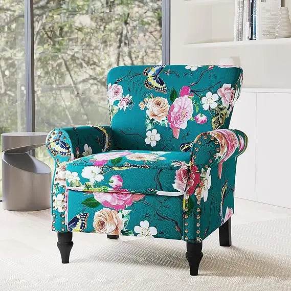 Floral Boho Wingback Blue Accent Chair With Nailhead Trim - Happy Home Retreat