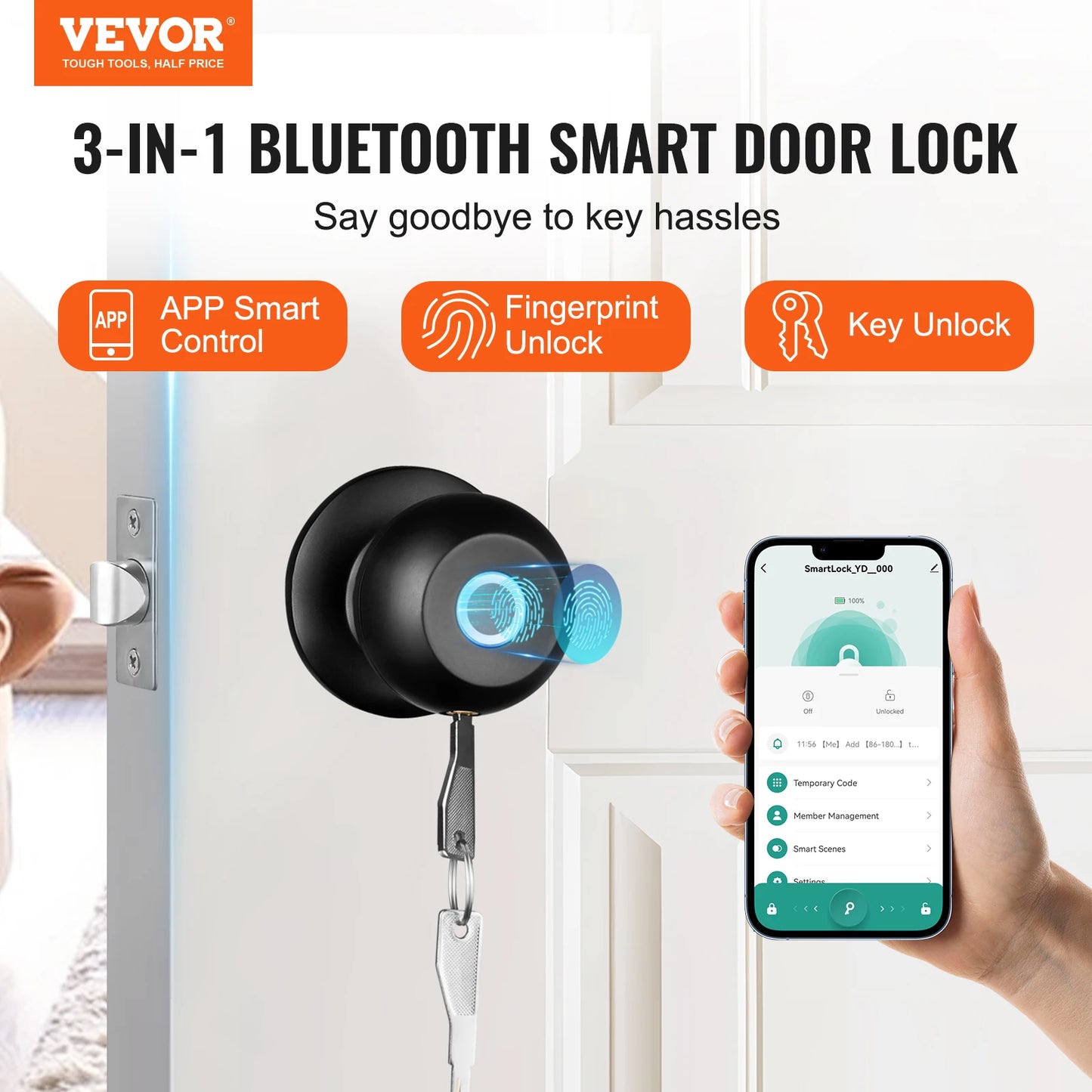 Vevor Smart Door Knob Biometric Door Lock Bluetooth Smart Lock Fingerprint Access with App Control Easy Installation - Happy Home Retreat