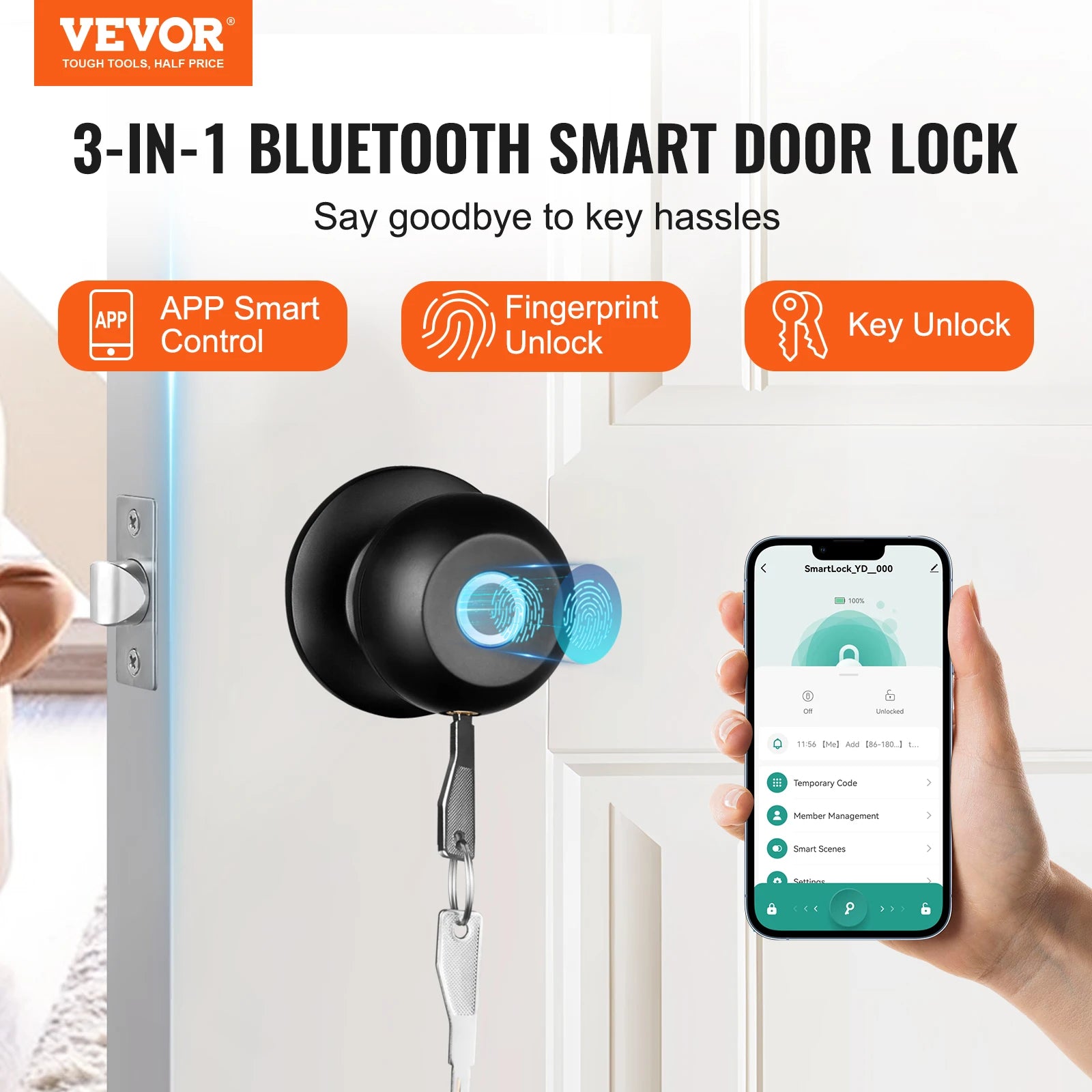 Vevor Smart Door Knob Biometric Door Lock Bluetooth Smart Lock Fingerprint Access with App Control Easy Installation - Happy Home Retreat