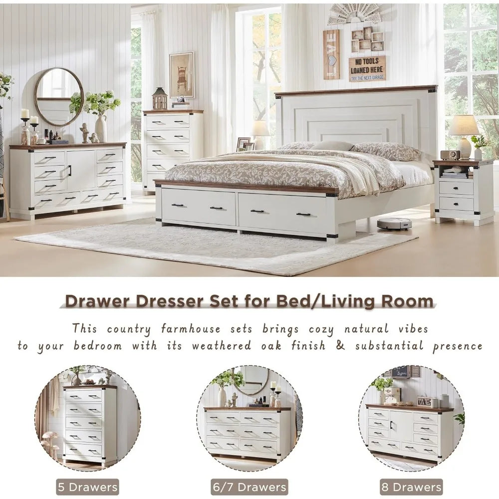 RedLemon Farmhouse Nightstand With Charging Station Drawers Wood Bedside Table - Happy Home Retreat