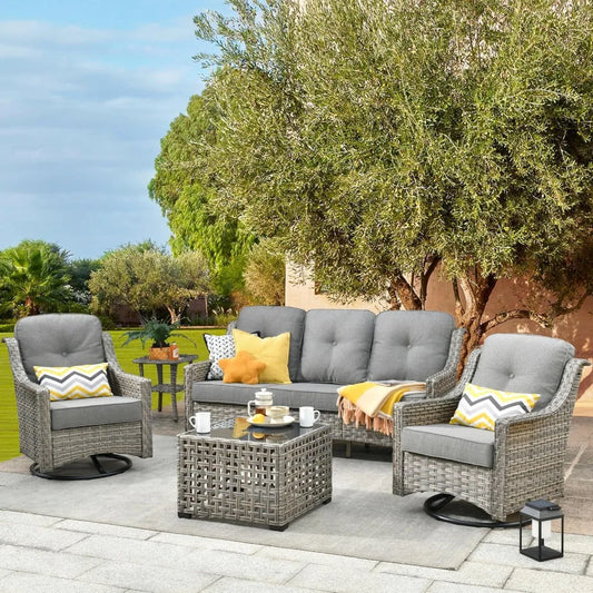All Weather Wicker 5 Piece Outdoor Sofa Set with High Back Swivel Rocker Chairs and Solar Powered Table - Happy Home Retreat