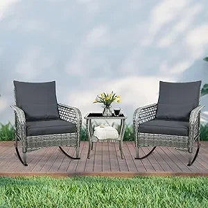 3 Piece Patio Furniture Set Outdoor Rocking Chairs Set of 2 Patio Conversation Set with Rattan Coffee Table - Happy Home Retreat