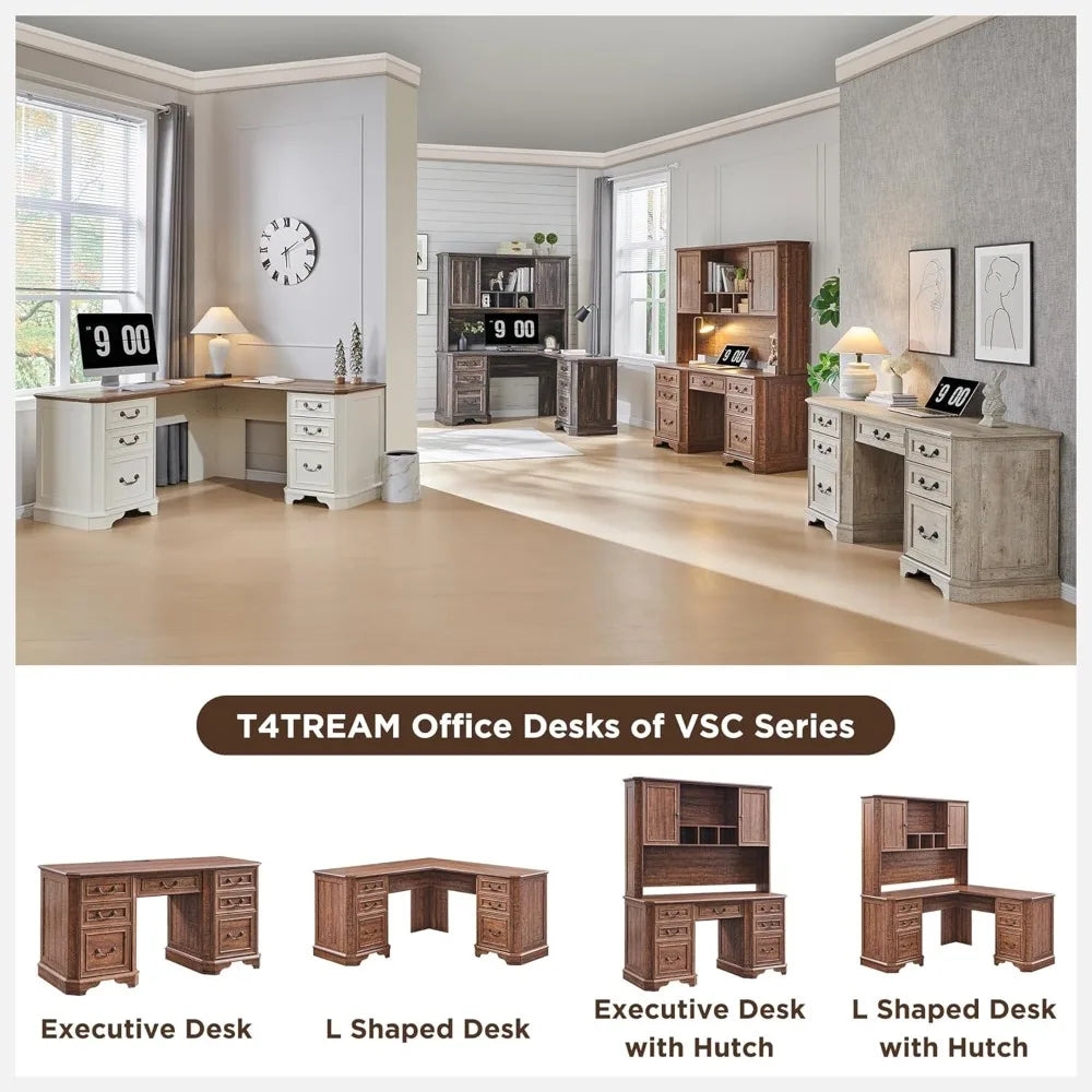 59 Inch L Shaped Executive Desk with Hutch Farmhouse Wood Computer Desk Featuring Charging Station File Drawer Storage Cabinet - Happy Home Retreat