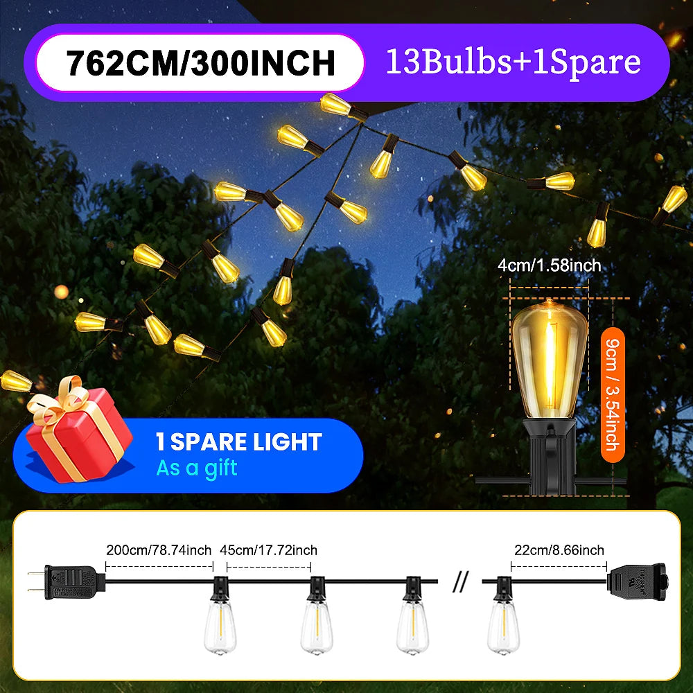 ST38 LED Outdoor Patio String Lights With US Plug Shatterproof Bulb Waterproof Hanging Lamp Connectable for Porch Backyard - Happy Home Retreat