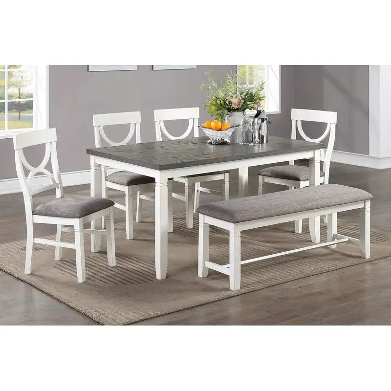 White 6 Piece Dining Set Table Four Side Chairs And Bench Rubberwood MDF - Happy Home Retreat