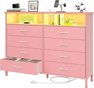 Pink Bedroom Dresser with LED Lights and Charging Station, 8 Fabric Drawers - Happy Home Retreat