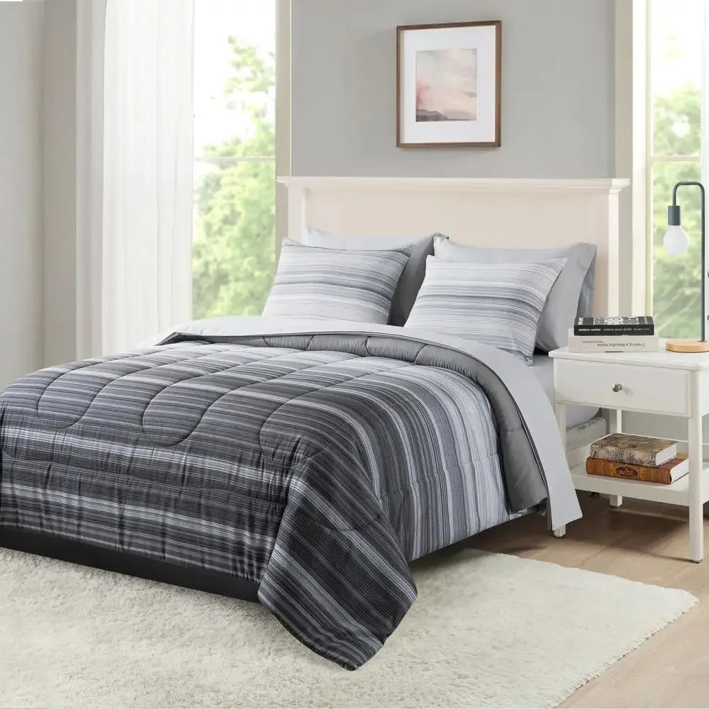 Grey Ombre Stripe Comforter Set Bed in a Bag Reversible Polyester King Twin Full Queen Soft Cozy Matching Pillow Shams Sheet - Happy Home Retreat