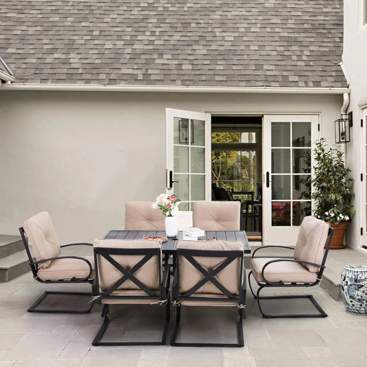 Patio Dining Set 7-Piece Metal Outdoor Table Furniture Set with 2.6 Inch Umbrella Hole and Cushioned Chairs - Happy Home Retreat