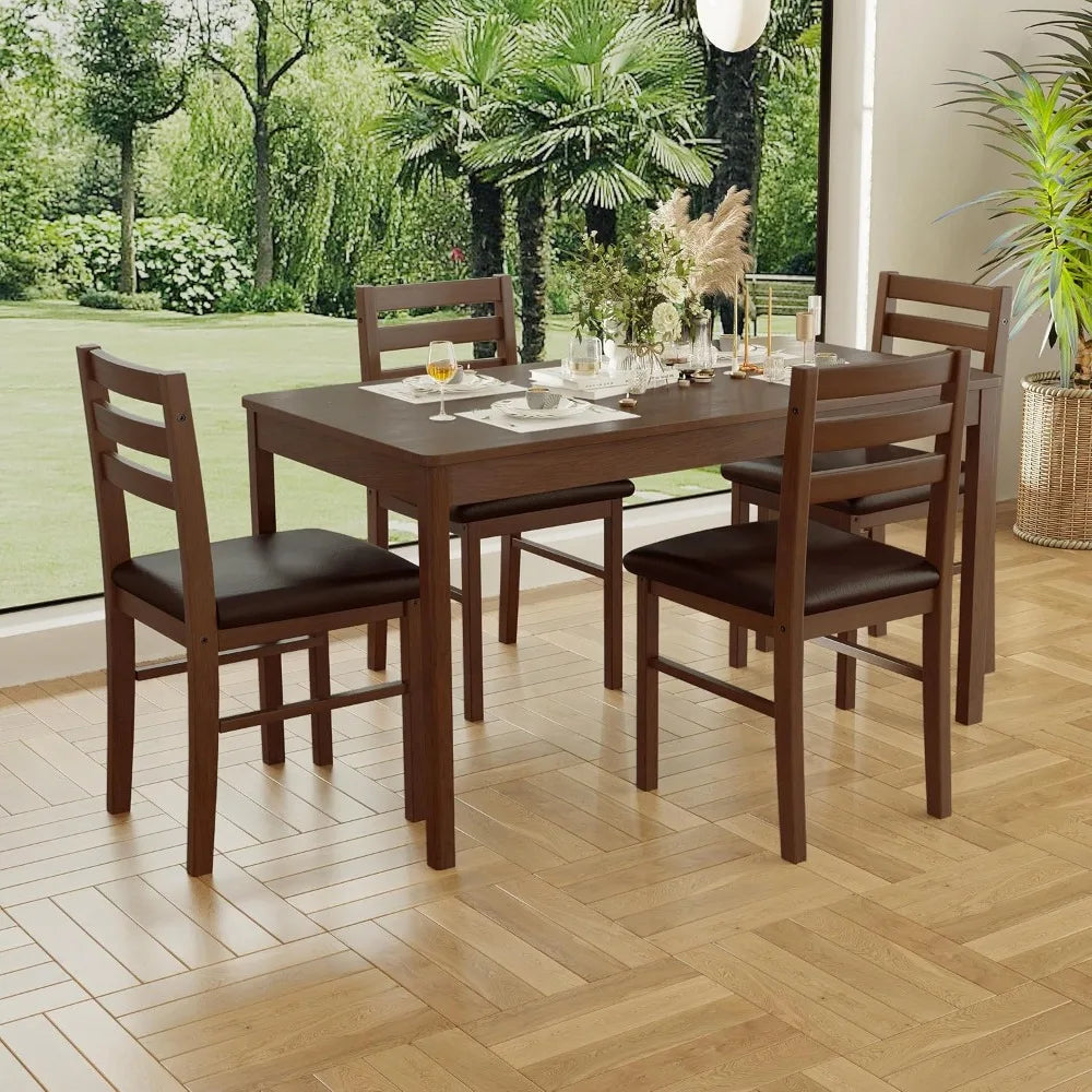 5-Piece Solid Wood Rectangular Dining Table Set for 4 with PU Leather Chairs - Happy Home Retreat