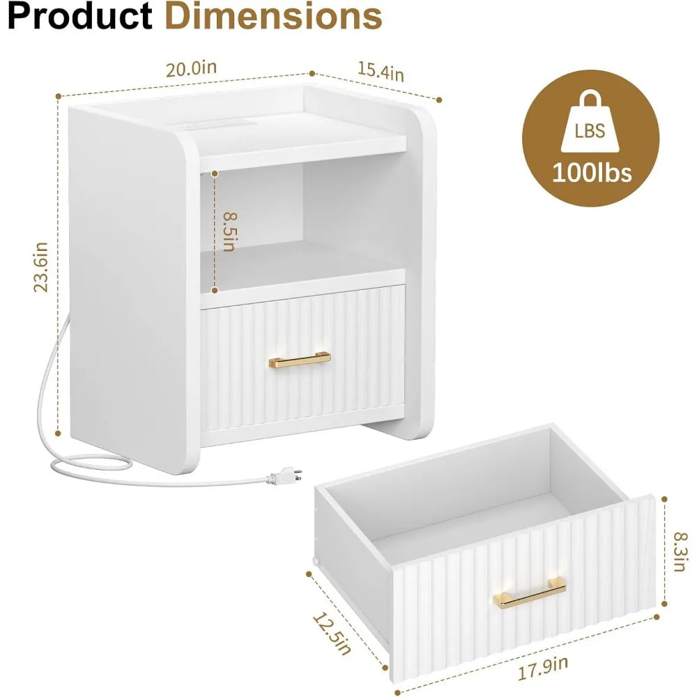 Night Stand With Charger Station Fluted Wood Drawer Storage Modern Bedside Table - Happy Home Retreat