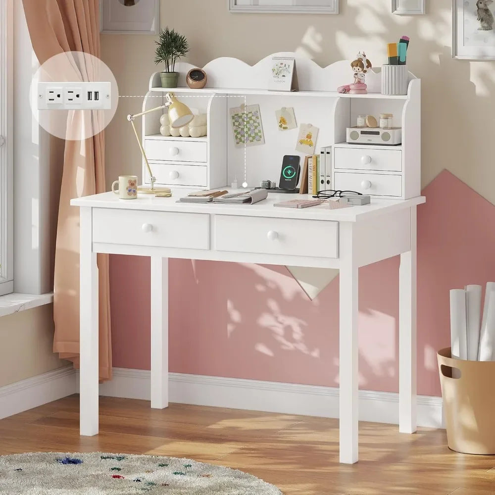 Small White Writing Desk with Hutch and USB Ports 31.5 Inch Home Office Desk with Drawers Study Table for Kids and Students - Happy Home Retreat