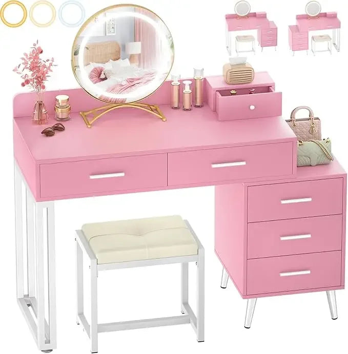 Pink Vanity Desk Set With Mirror And Lights 6 Drawers Cushioned Stool - Happy Home Retreat