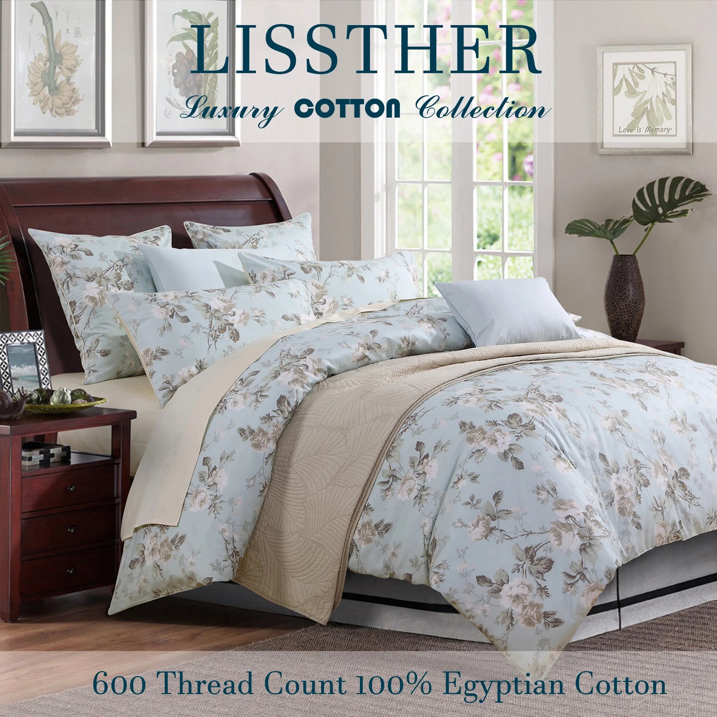 3pcs 600TC 100% Egyptian Cotton Duvet Cover Set, Vintage Blue Gray Floral, Soft Breathable Skin-Friendly (No Inserts) - Happy Home Retreat