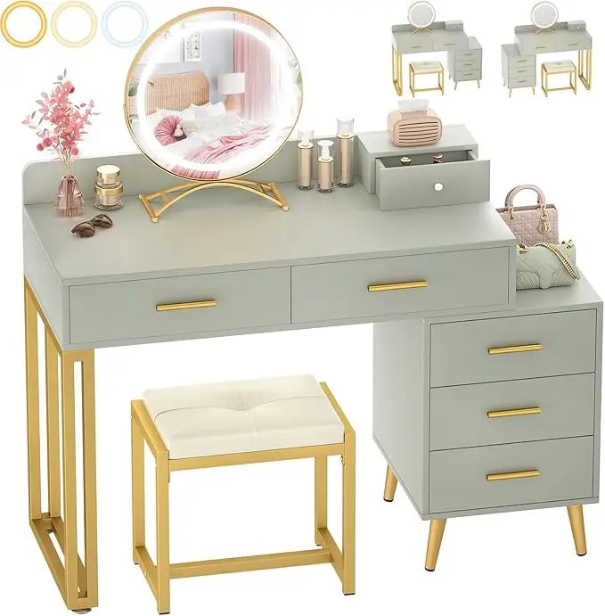 Pink Vanity Desk Set With Mirror And Lights 6 Drawers Cushioned Stool - Happy Home Retreat