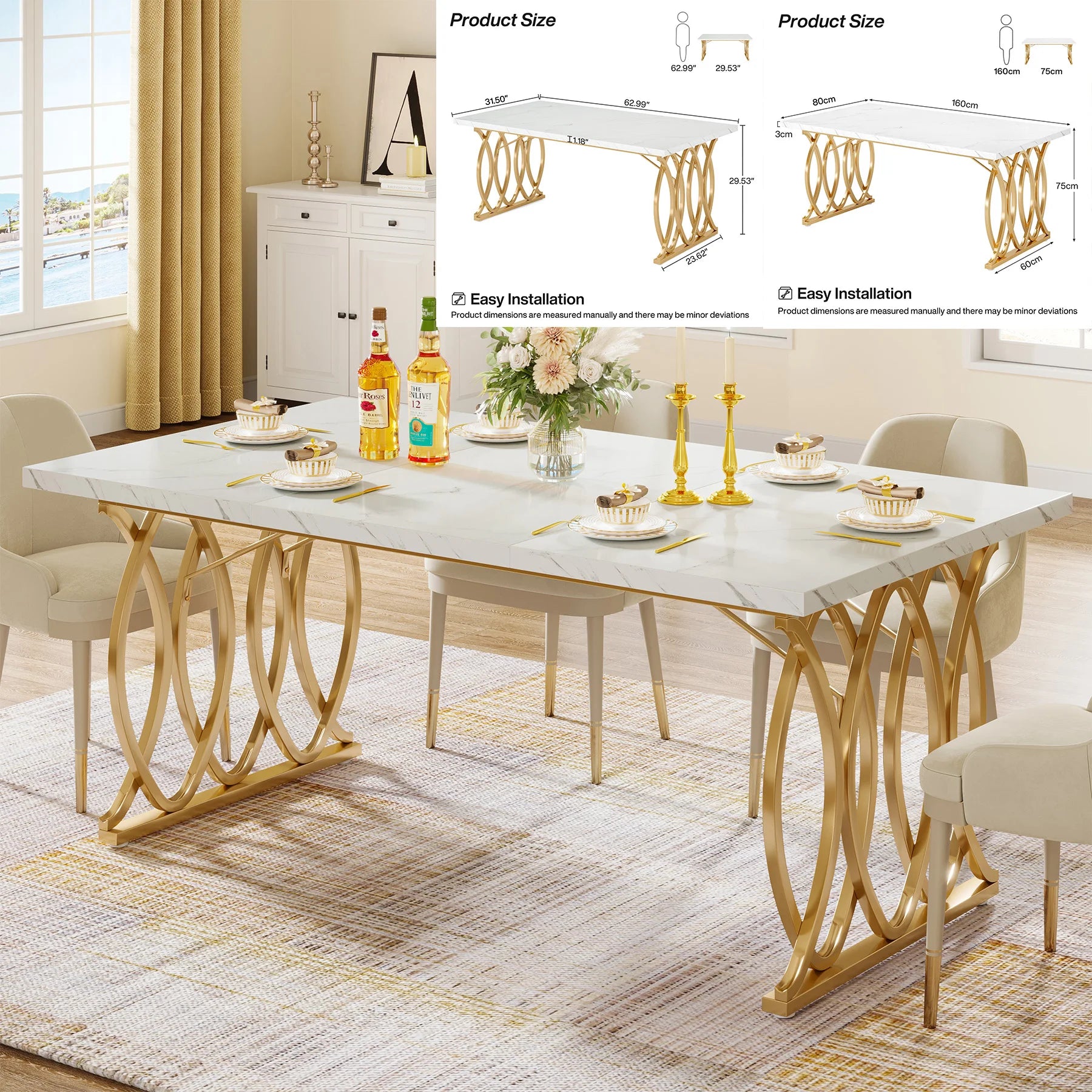 Tribesigns 63 Inch Rectangular Dining Table With Faux Marble Top White - Happy Home Retreat