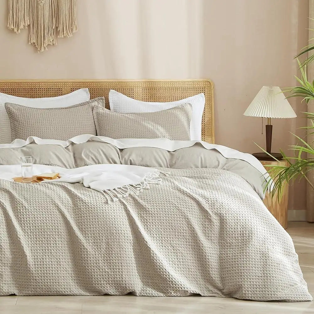 Ultra Soft Breathable Waffle Weave Duvet Cover Set Queen 3 Piece Comforter Cover All Season Durable Machine Washable - Happy Home Retreat