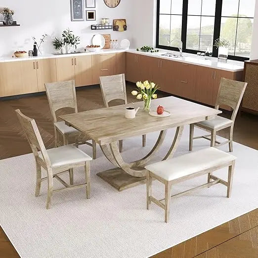 MKDK 6 Piece Dining Table Set With Bench And Chairs French Country Style - Happy Home Retreat