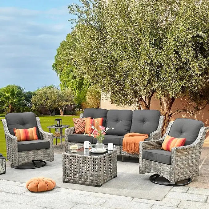 All Weather Wicker 5 Piece Outdoor Sofa Set with High Back Swivel Rocker Chairs and Solar Powered Table - Happy Home Retreat