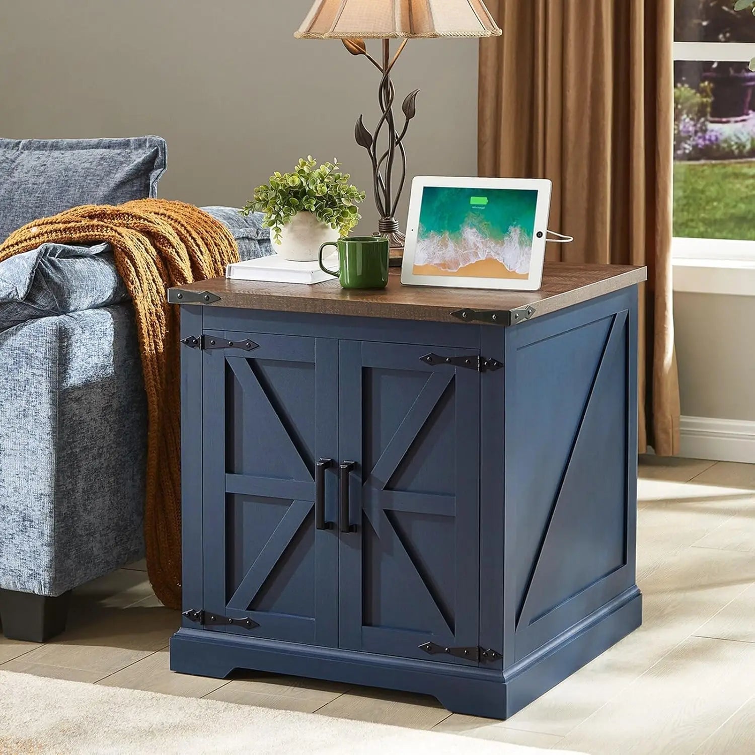 Farmhouse End Table With Charging Station Barn Door 24in - Happy Home Retreat