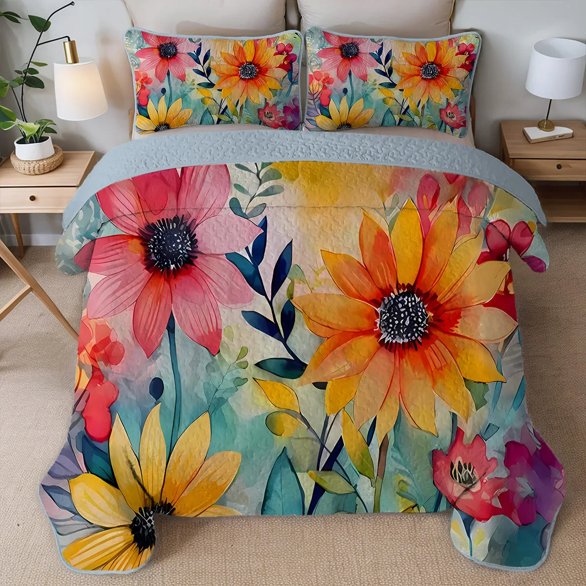 Floral Printed Quilt Set Cal King Two Or Three Piece Bedding - Happy Home Retreat
