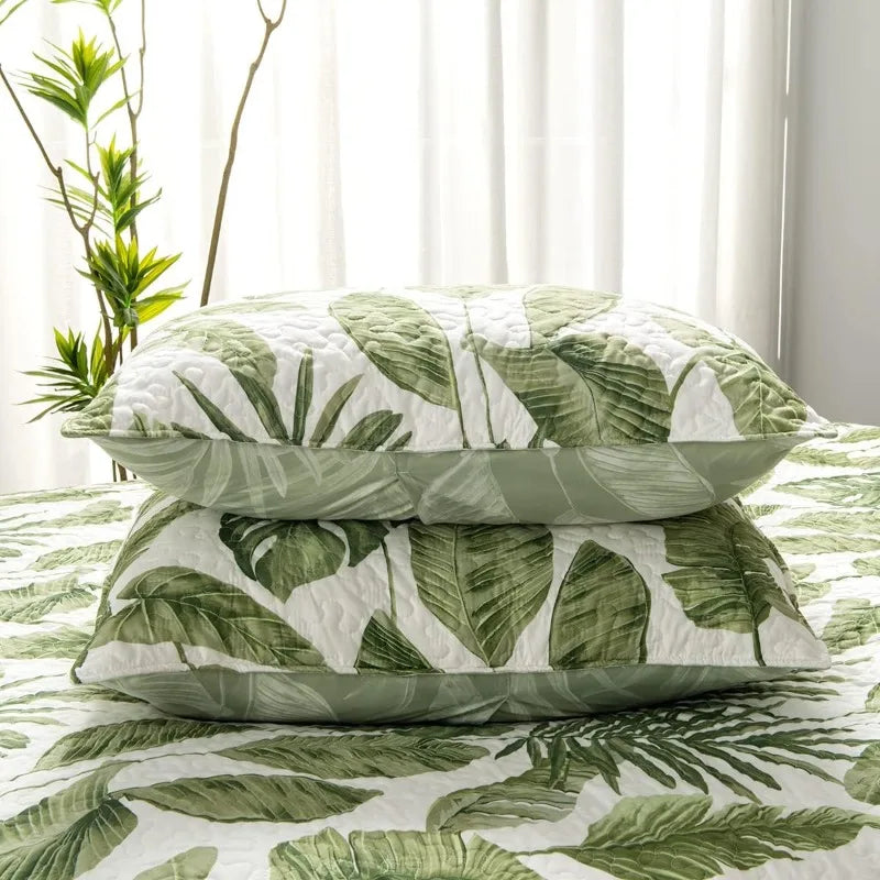 Home Tropical Plants Quilt Set King Size 3 Pieces Green Palm Leaves Rainforest Style Reversible Bedspread - Happy Home Retreat