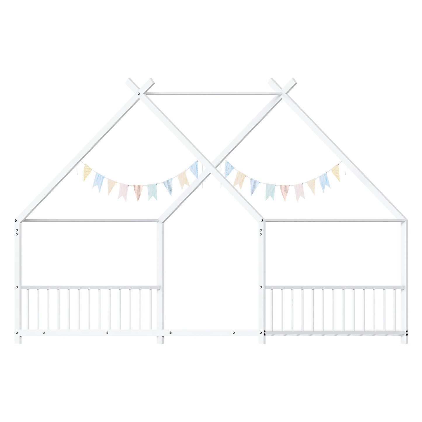 White Flat Bed House Shape Twin Children's Iron Bed With Side Guardrails - Happy Home Retreat