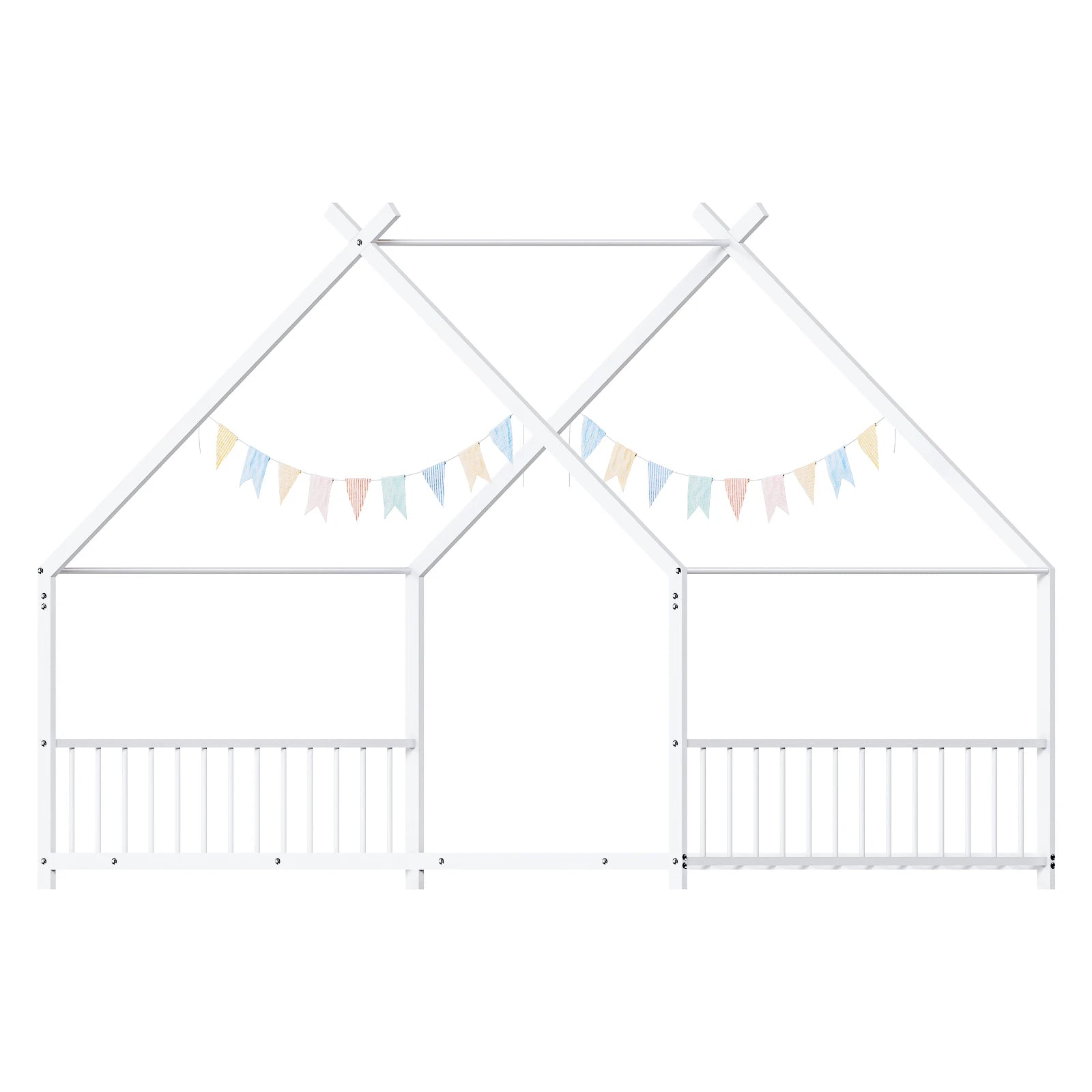 White Flat Bed House Shape Twin Children's Iron Bed With Side Guardrails - Happy Home Retreat