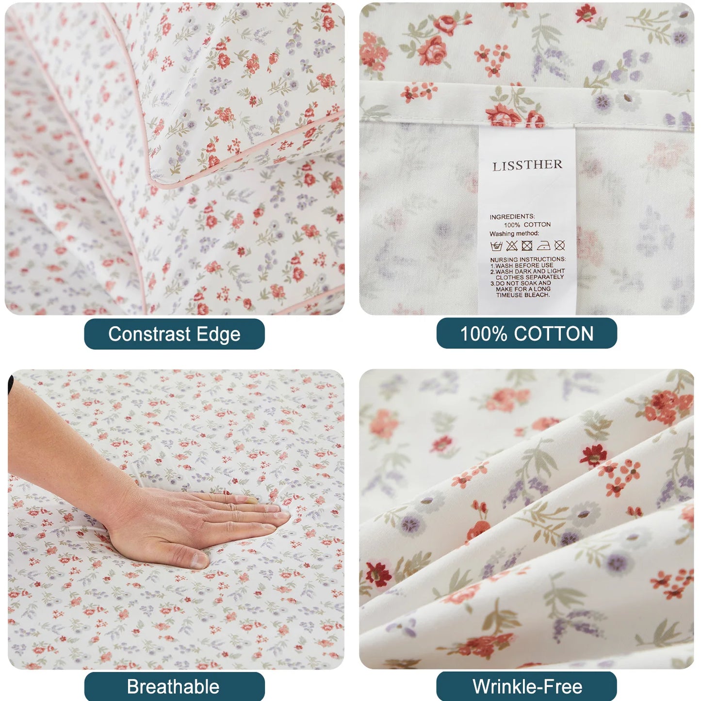 3pcs 600 TC 100% Egyptian Cotton Duvet Cover Set (Without Core), Tiny Garden Rose and Dandelion Floral, Soft And Skin-friendly - Happy Home Retreat