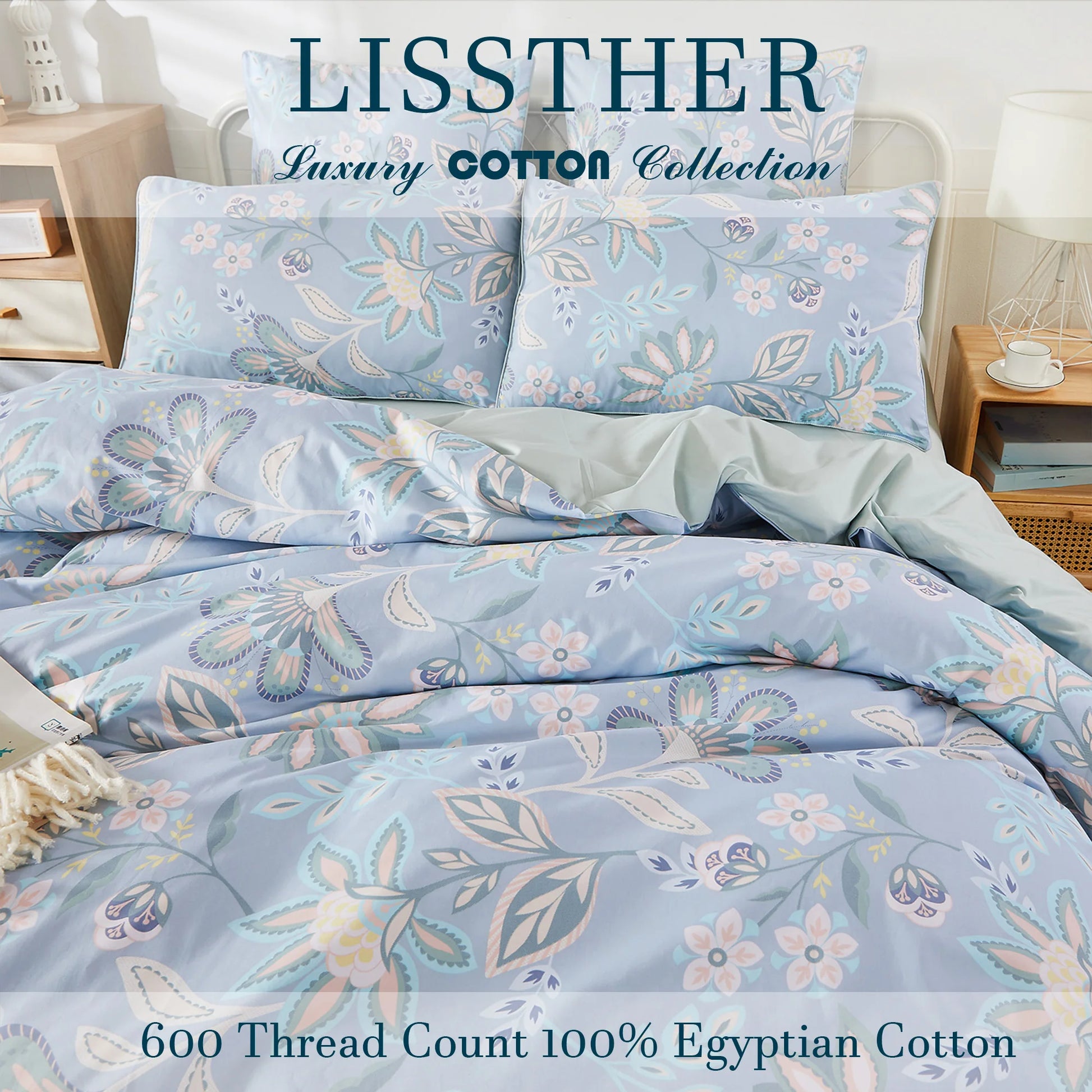 3pcs 600TC 100% Egyptian Cotton Duvet Cover Set, Luxury Boho Paisley Floral, Soft Skin-Friendly (No Inserts) - Happy Home Retreat