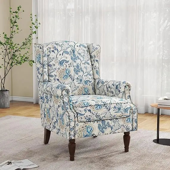 Floral Boho Wingback Blue Accent Chair With Nailhead Trim - Happy Home Retreat