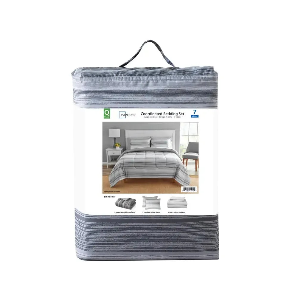 Grey Ombre Stripe Comforter Set Bed in a Bag Reversible Polyester King Twin Full Queen Soft Cozy Matching Pillow Shams Sheet - Happy Home Retreat