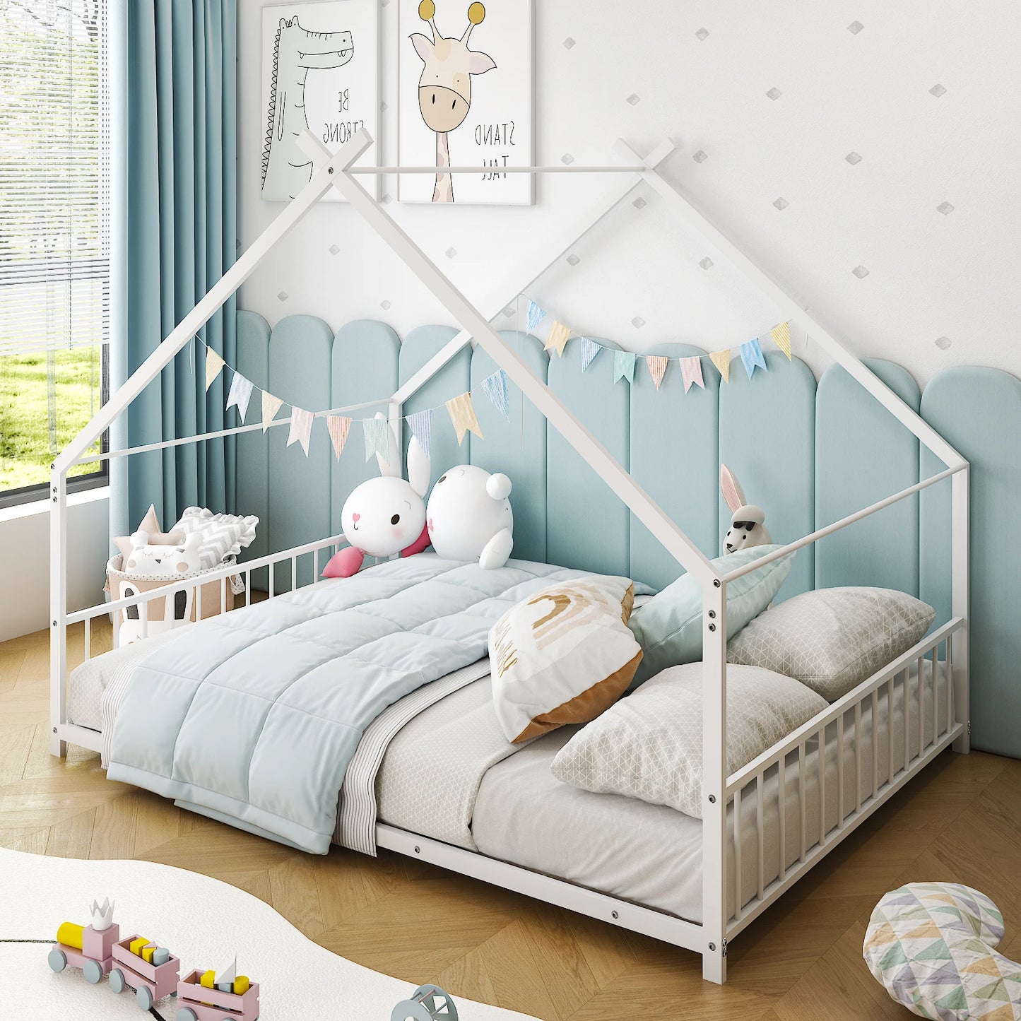 White Flat Bed House Shape Twin Children's Iron Bed With Side Guardrails - Happy Home Retreat