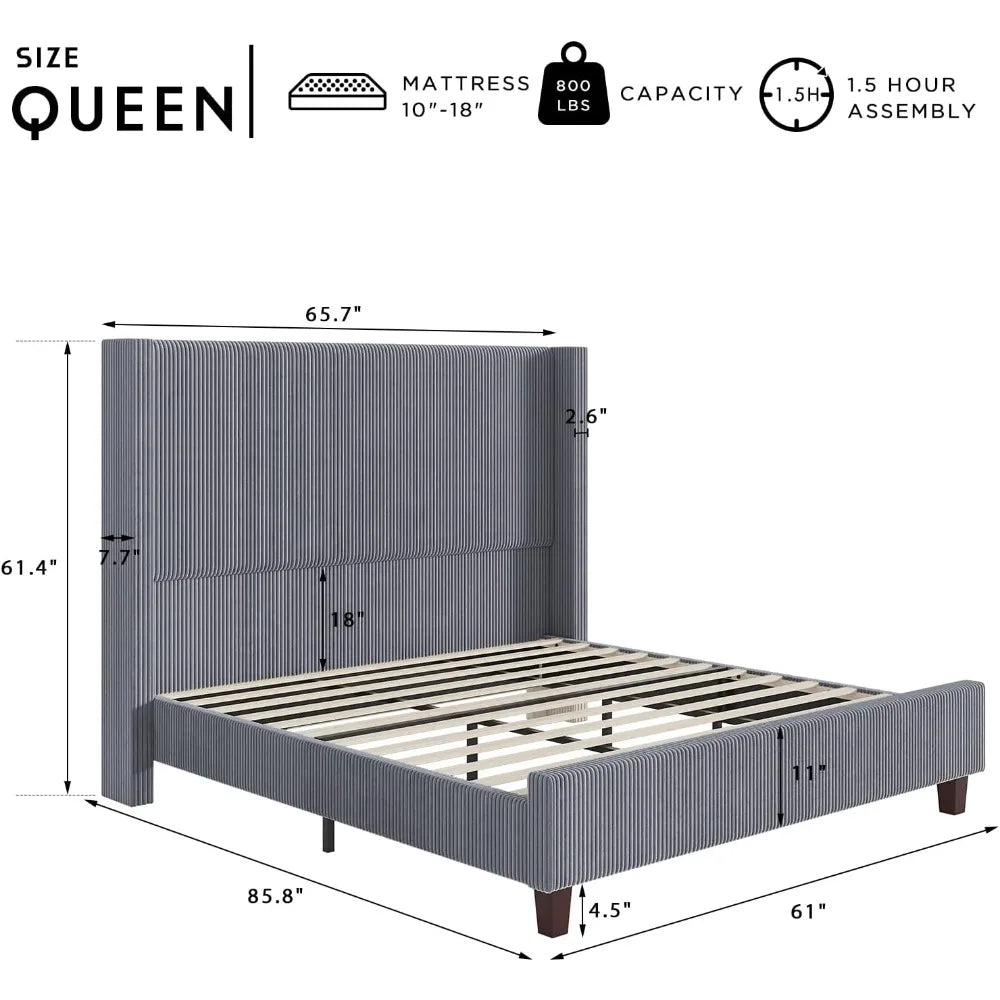 Howe Queen Size 61 Inch Corduroy Upholstered Bed Frame Platform Bed with Vertical Stripe Wingback Headboard No Box Spring Needed - Happy Home Retreat