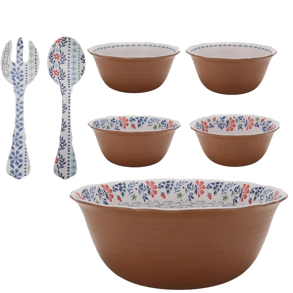 7 Piece Bamboo Melamine Salad Bowl Set Dishwasher Safe - Happy Home Retreat
