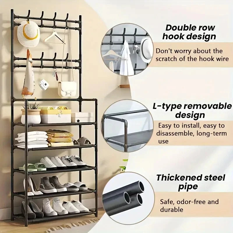 Double Row Iron Clothes Hanger and Shoe Rack for Hallway Storage of Shoes Jackets Hats Bags and Umbrellas - Happy Home Retreat